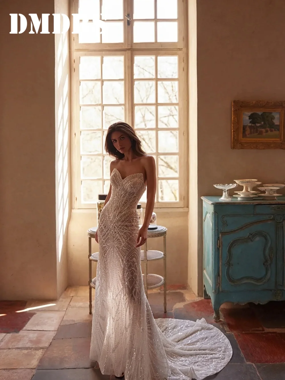 

DMDRS Fashionable Sleeveless Wedding Dress Romantic Mermaid Beaded Bridal Gowns Charming Appliquéd Floor-Length Wedding Gowns