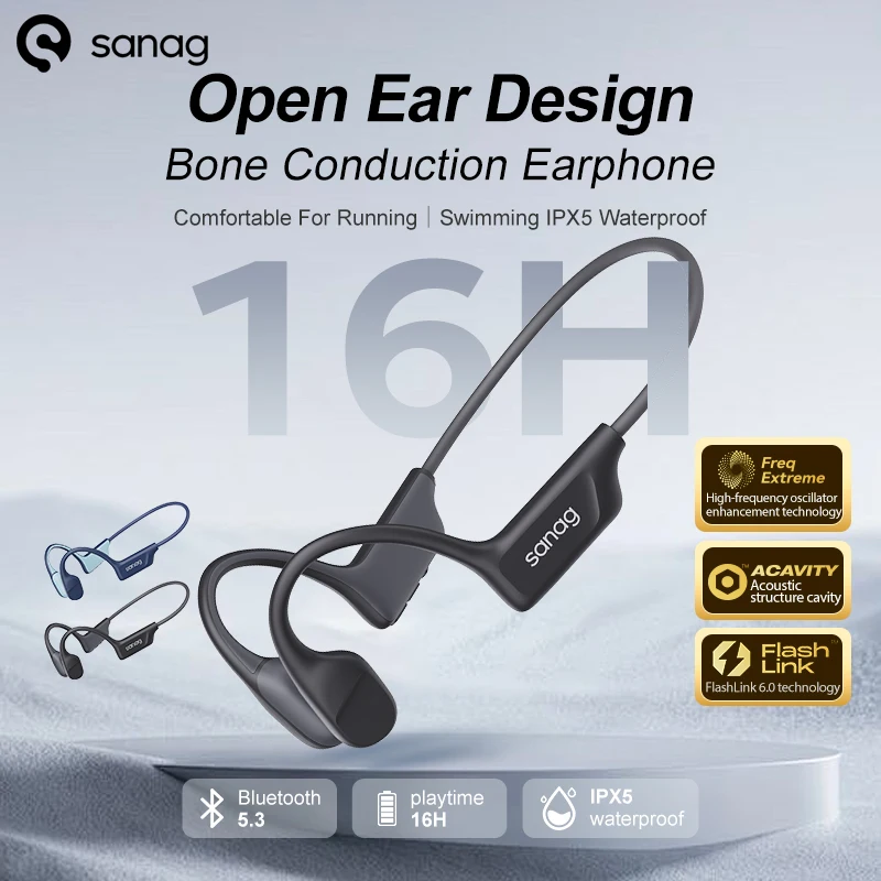 Sanag B22s Bone Conduction Earphone 16Hours Playtime IPX5 Waterproof Bluetooth5.3 Dynamic Spatial Sound Field Headphones