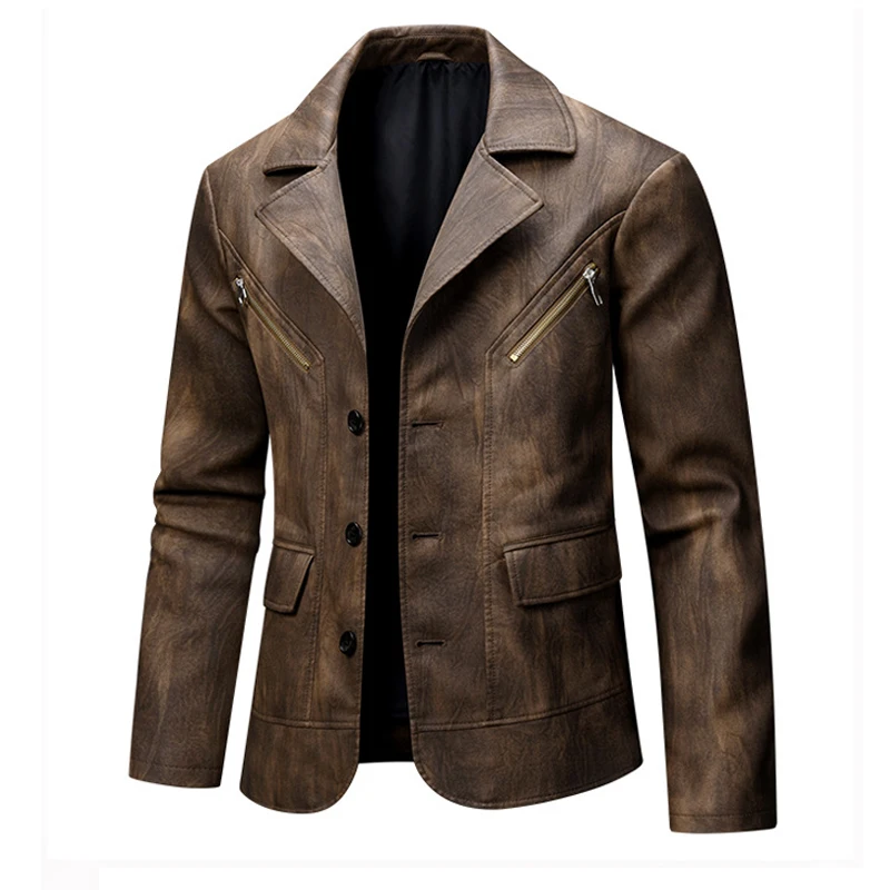

Men's Autumn Blazer Leather Jackets Vintage Men Motorcycle Leather Jackets Outdoor Mens Windbreaker Business Leather Coats
