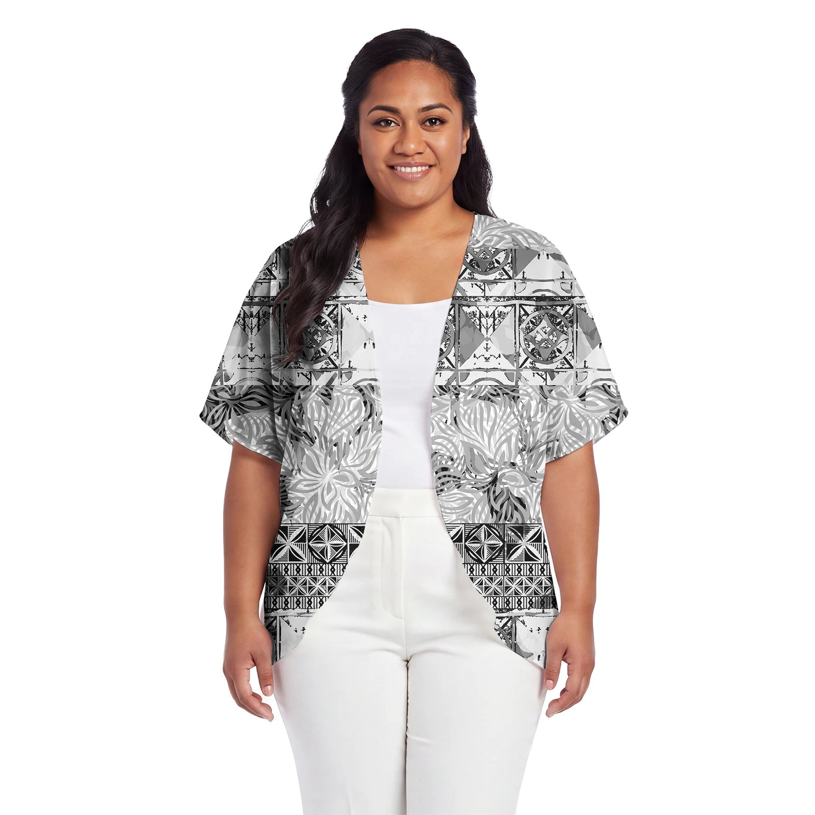Hawaiian Monstera Leaf Short Sleeve Holiday Beach Cardigan Ladies Polynesian Island Clothes Samoan Tribal Cardigan for Women's