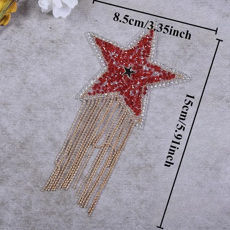 1P 5-Point Star Fringe Rhinestone Patch DIY Hotfix Applique with Sparkling Edges Embroidery Patches Modern Star Embroidery Patch