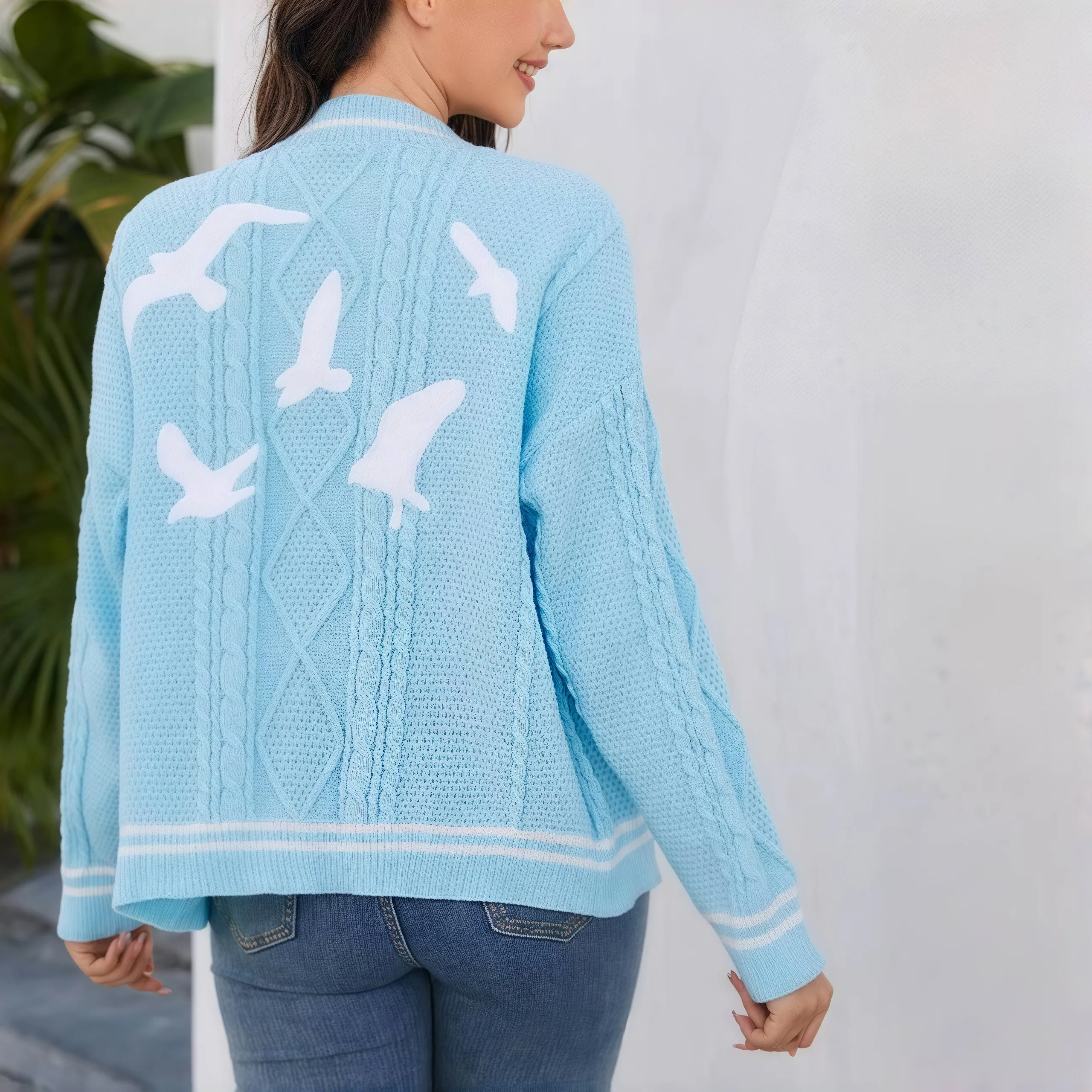 Spring 1989 Seagull Embroidery Blue Cardigan for Women's Special Knitted Cardigan Vintage Y2k Sweater Oversized Cardigan Women