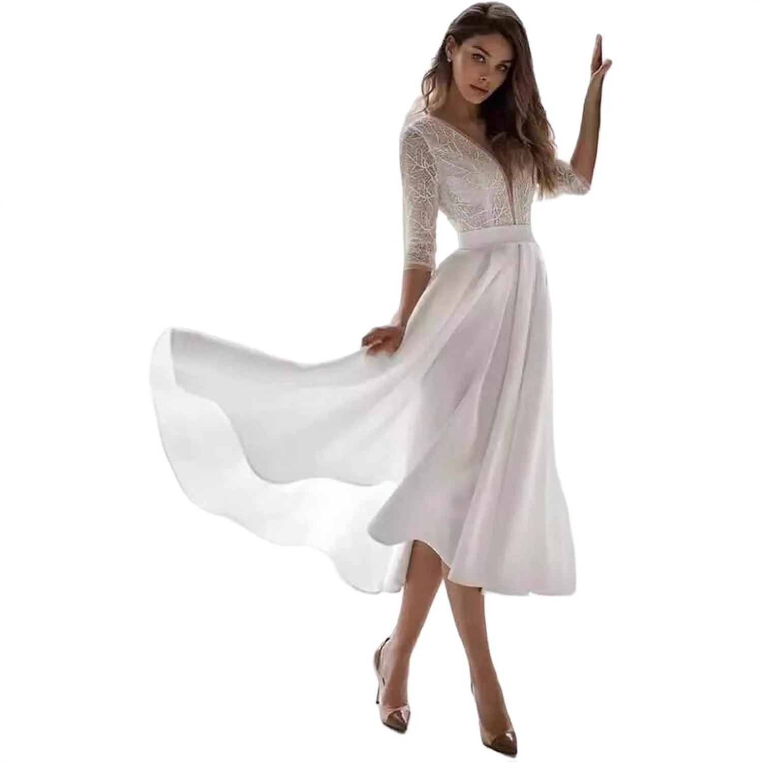 

2026 New Puff Skirt Bridal Deep V-neck Medium length Wedding Dress