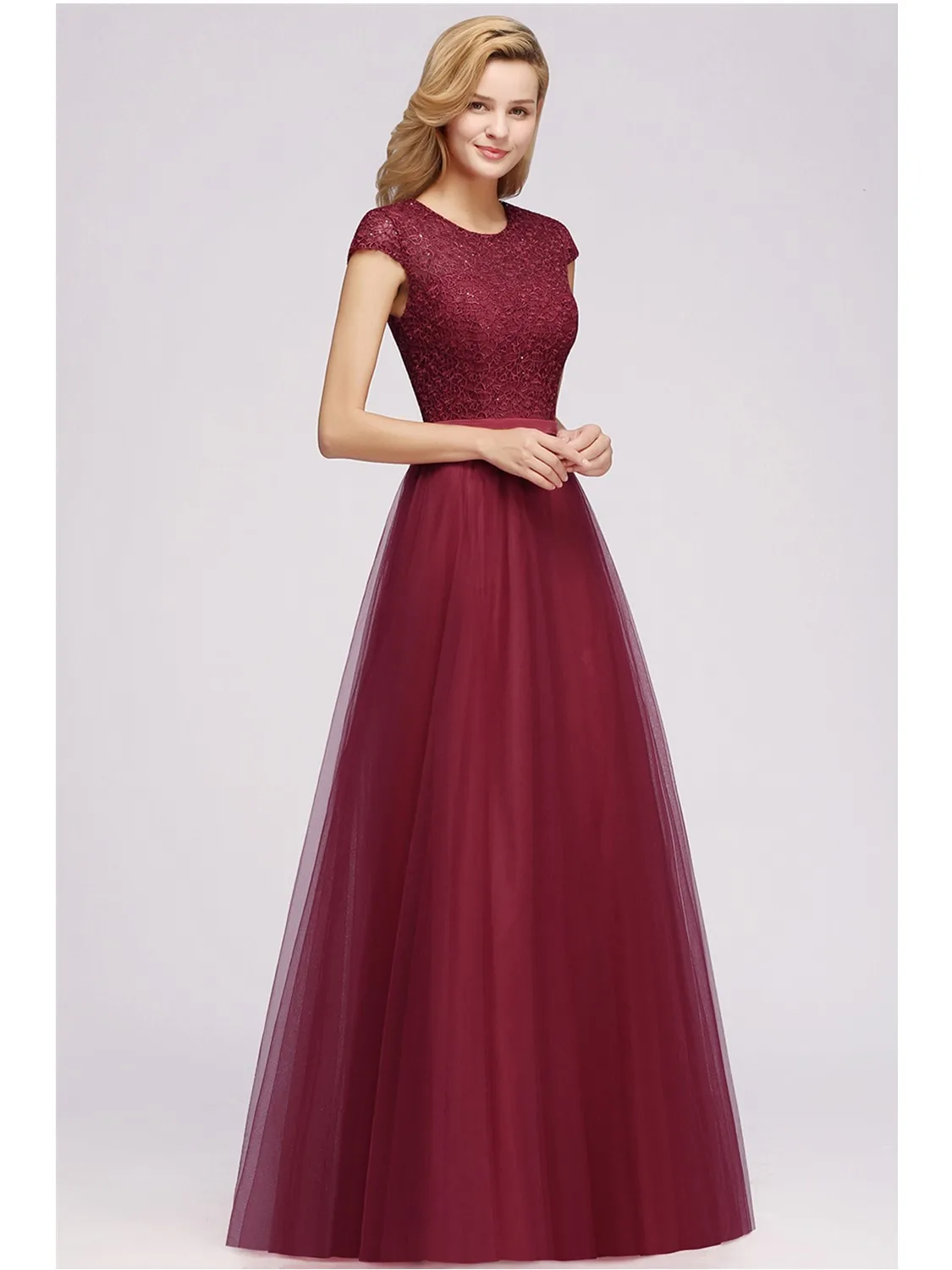 Vintage Burgundy Floral Lace Maxi Dresses For Women Elegant O Neck Short Sleeves With Linning Female Evening Prom Party Gowns