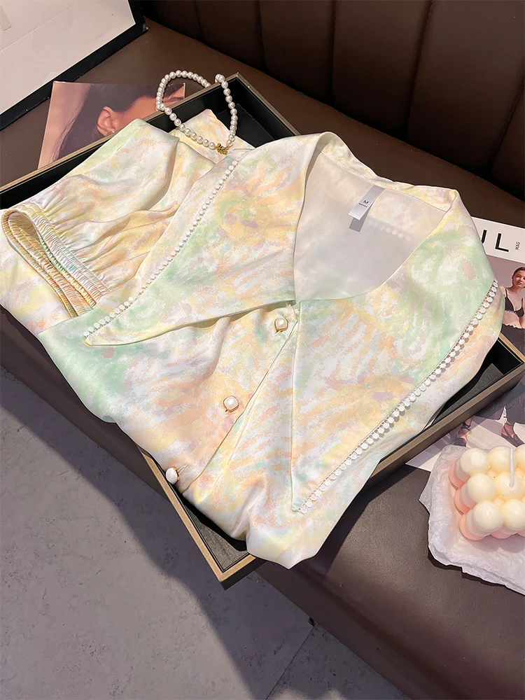 

New Sweet High Quality Mulberry Silk Sleepwear Long Sleeve Long Pants Home Clothing Set