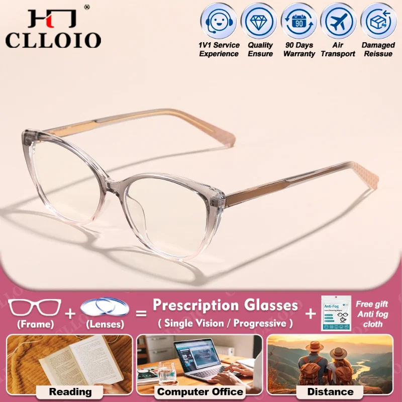 

CLLOIO Versatile Women Cat Eye Myopia Photochromic Reading Glasses Anti Blue Light Progressive Eyeglasses With Prescription Lens