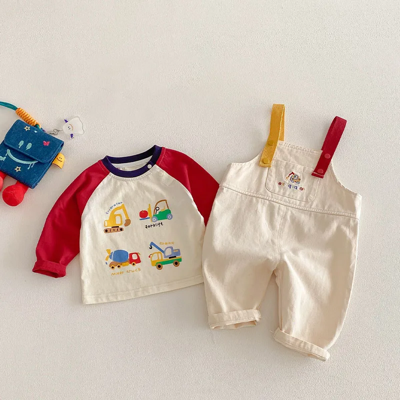 Spring Kids Shirts 9M-5T Cartoon Colorful Car Girls Blouse Engineering Vehicle Series Boys Clothes Children Pants 5