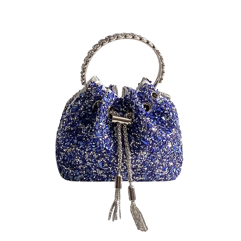 Luxury Blue Stones Bucket Bag Glitter Rhinestones Diamond Evening Bag Women\'s Handbag Wedding Party Clutch Purse Crossbody Bag