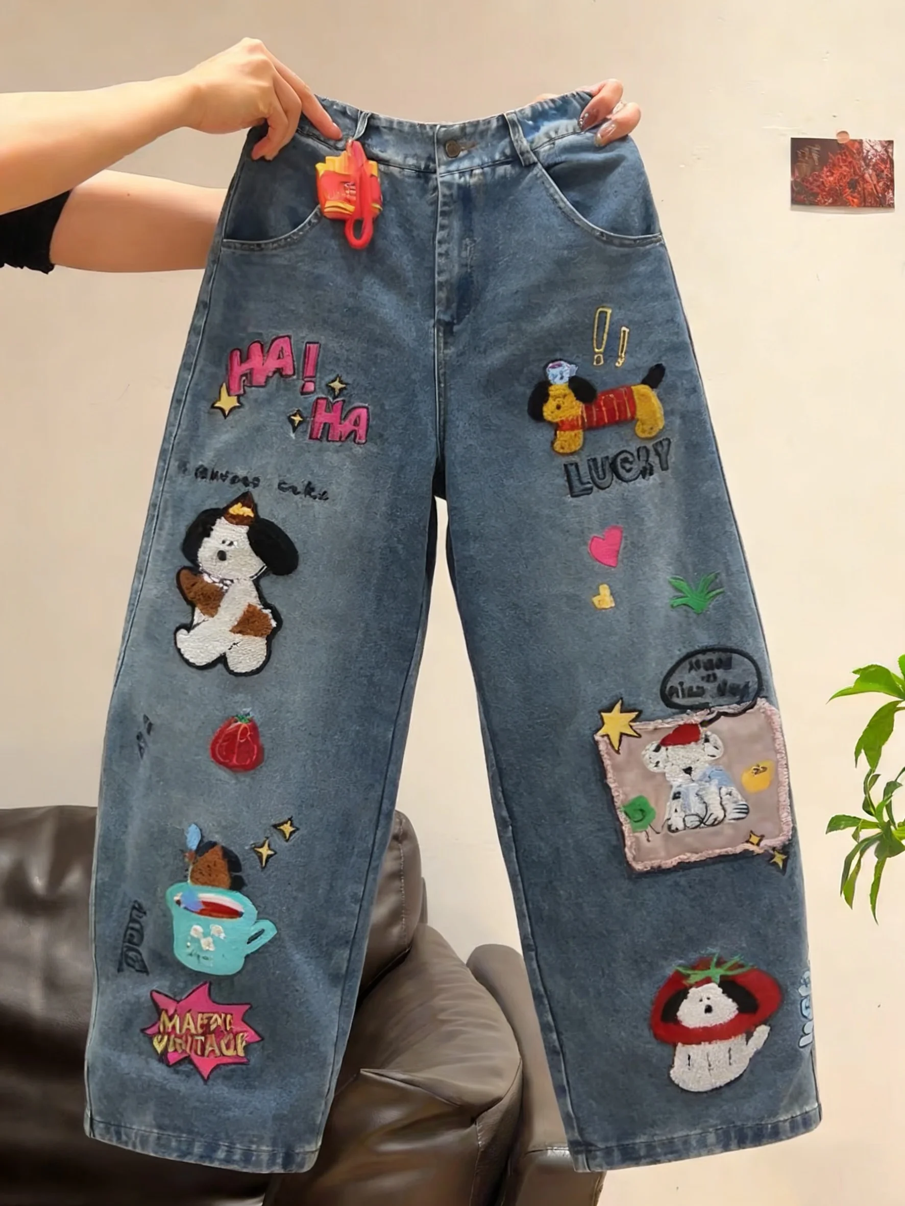 

Trendy High Waist Wide Leg Jeans Men Women Spring Autumn Cartoon Dog Print Straight Leg Denim Pants Hip Hop Street Sle