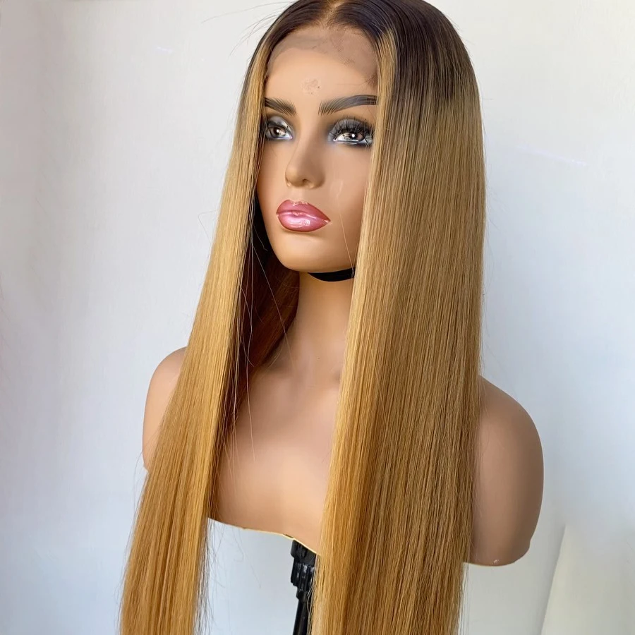 Morbido 180 densità 26 "parrucca anteriore in pizzo dritto biondo miele lungo Ombre per donne nere Babyhair prepizzicato resistente al calore Glueless