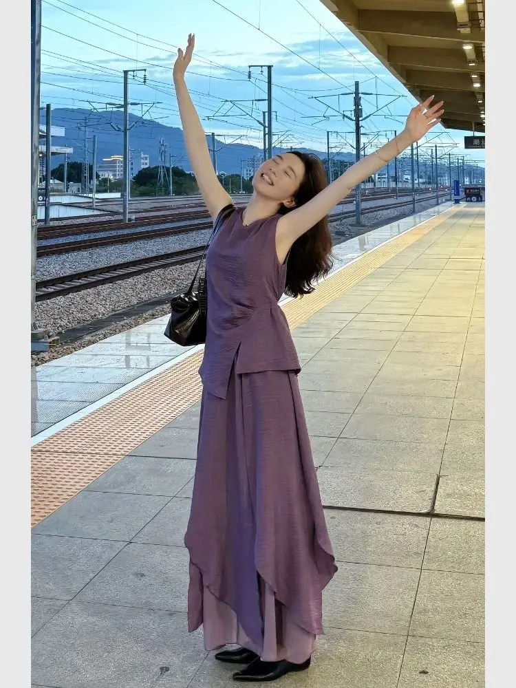 

New Korean Fashion Summer Casual 2 Piece Set Women Purple Sleeveless Irregular Vest Top + Double Layer Long Skirt Tracksuit