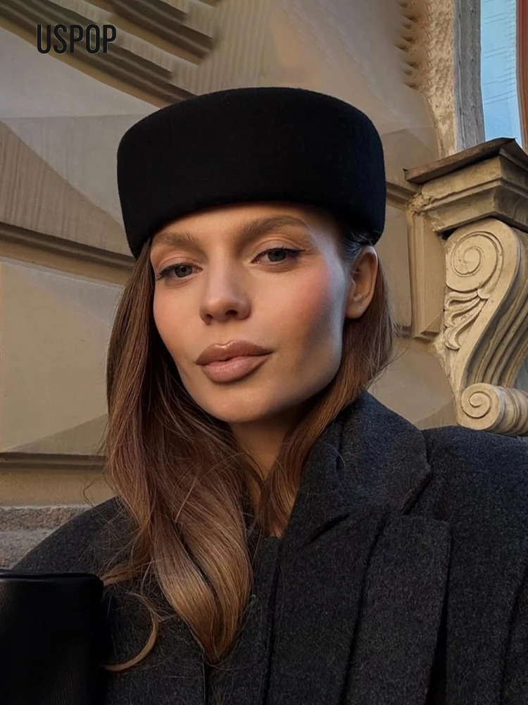 USPOP 100% الصوف قبعة مستديرة المرأة خمر أنيقة لا حافة ورأى قبة قبعة شتاء دافئ الحد الأدنى الرجعية نمط القبعات
