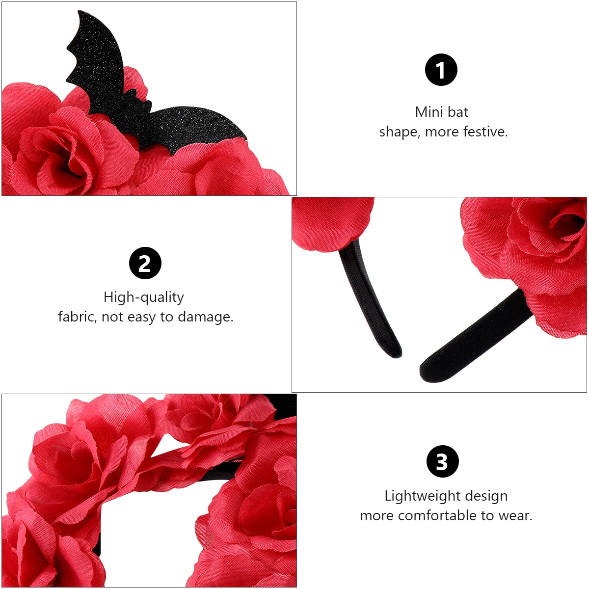 

2Pcs Halloween Rose Headb s Women Headdress Hair Accessories Red Flower Bat Decor Durable Comfortable Smooth Edge Festive