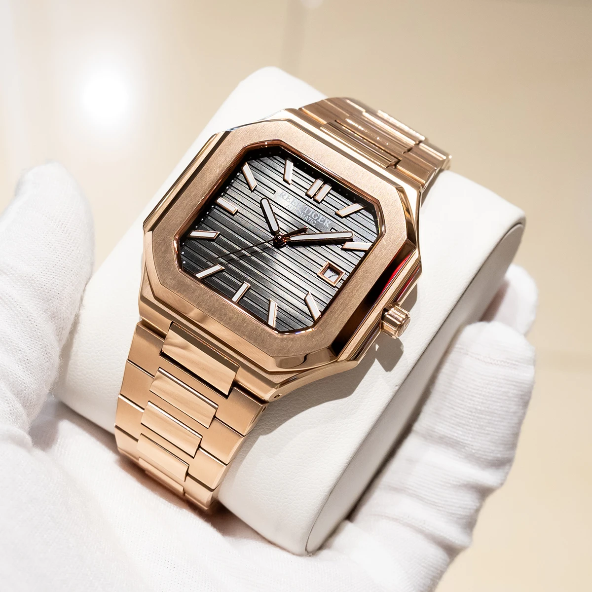 Reef Tiger Men Automatic Watch 44mm Square Mechanical Wristwatch 5ATM Waterproof Sapphire Luminous Date Window Miyota 8215