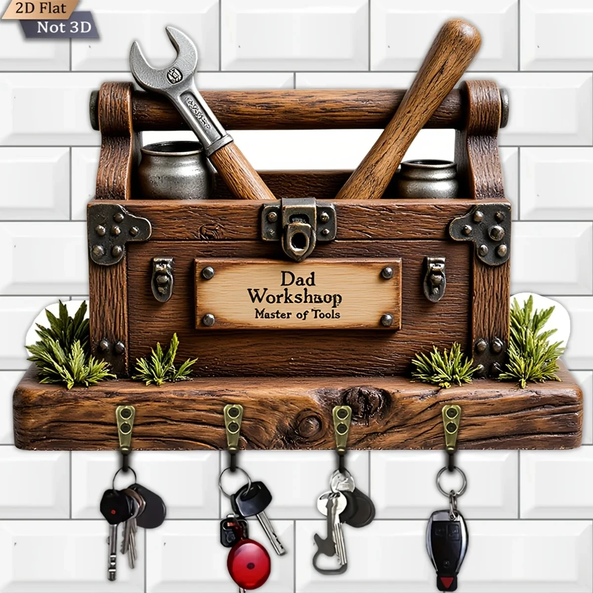 2D Flat, 1pc, Tool Workshop Theme Style Key Hook Wooden Multifunctional Home Key Rack, with Four Metal Hooks, Wall Decoration,