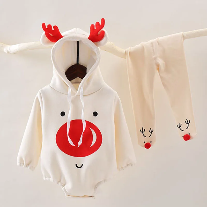 

2023 New Year Kids Clothing Toddler Baby Boys Girl Romper Hooded Cartoon Printing Plush Thicken Christmas Infant Baby Jumpsuit