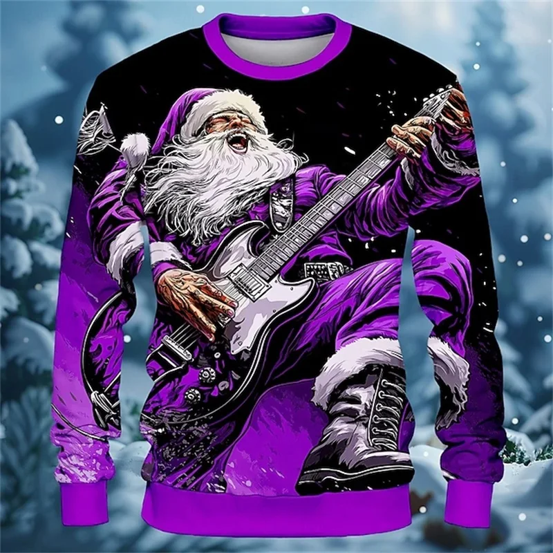 Full Print Funny Santa Claus Play Guitar Sweatshirts Clothes Casual Crewneck Pullovers Hoodies For Men Women Sport Tracksuit