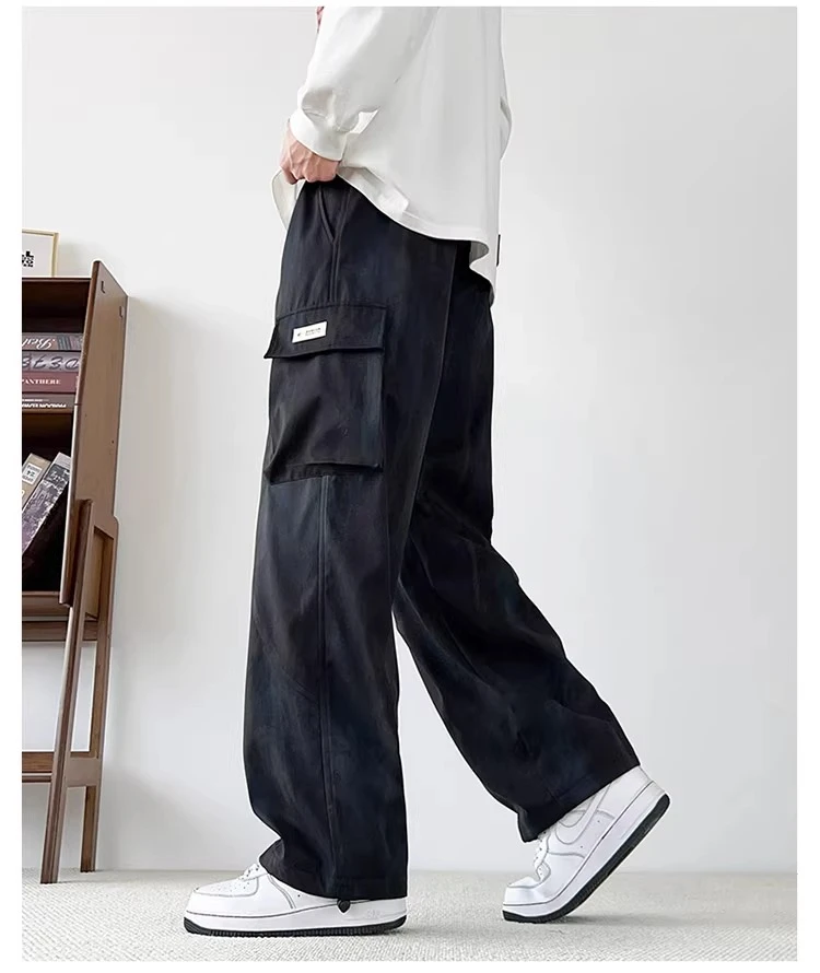 2025 Spring and Autumn American Style Tie-Dye Men's Black Cargo Pants Plus Size High Waist Straight Loose Casual Apricot Pants