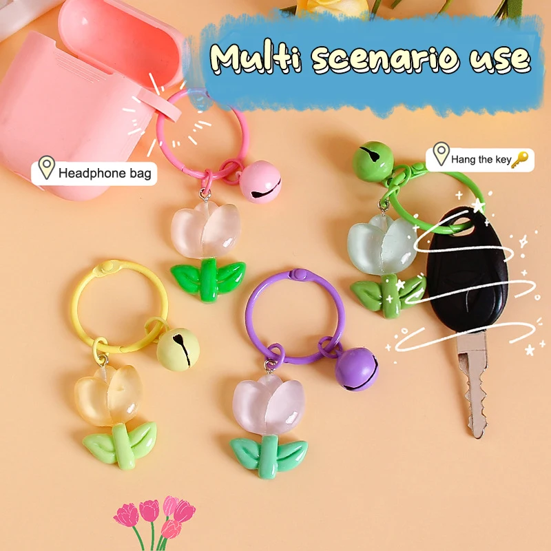 Ins Style Transparent Tulip Keychain Sweet Cute Flower Keyring Car Key Holder Bag Pendant Camera Earphone Case Charms