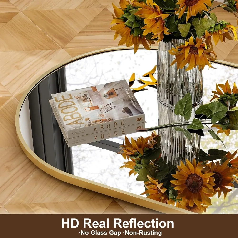 Grande espelho de chão dourado arqueado, espelho inclinado ou suspenso de comprimento total 68x22 com moldura de alumínio para decoração de sala de estar