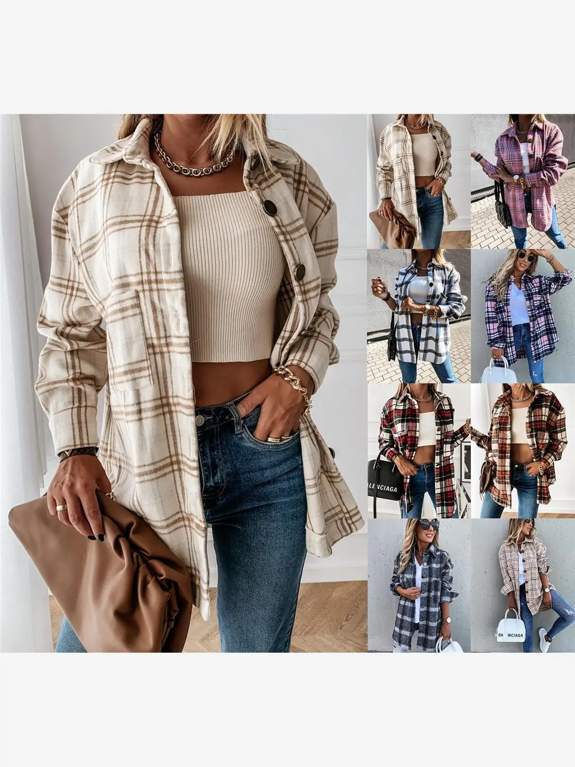 เสื้อผ้าผู้หญิงแฟชั่นลำลองสไตล์เรโทรลายสก็อตแขนยาวทรงหลวมใส่ได้หลากหลายสำหรับฤดูใบไม้ร่วงแบบติดกระดุม