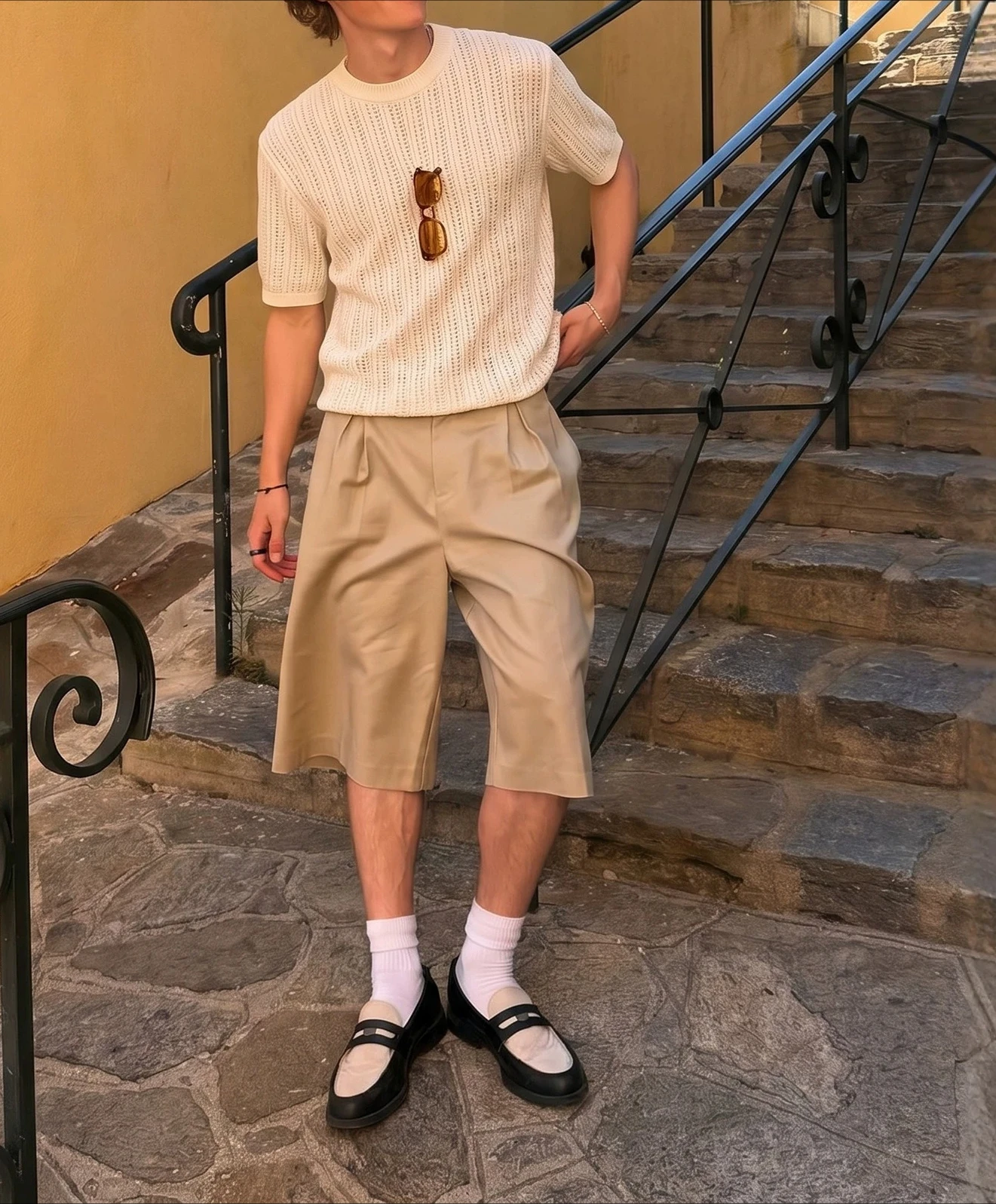 Old Qian Wind Striped Texture Wool Short Sleeve 2026 Summer New Product Light Ripe Wind Skin-friendly