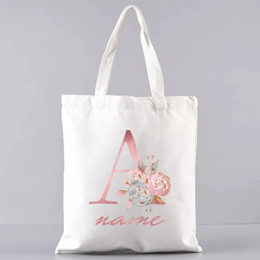 Women Shopping Bag Casual Large Capacity Shoulder Bags Canvas Pink Flower Letter Customize Name Print Simple Tote Bag Handbags