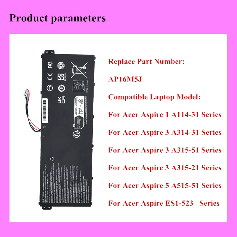 새로운 AP16M5J 노트북 배터리 Acer Aspire ES1-523 A114-31 5 A515-51 3 A314-31 A315-51 3 A315-21 7.4V 37Wh