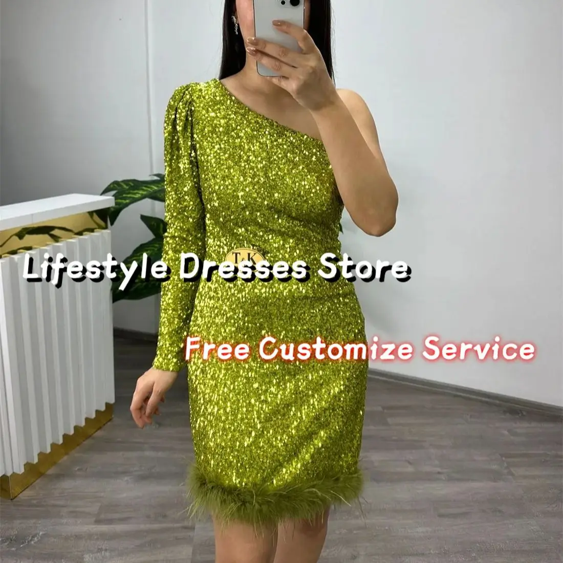 

Shiny Sequin One-shoulder Cocktail Dresses Feathers Above Knee Long Sleeve Evening Dress 2024 Party Dress vestidos de festa