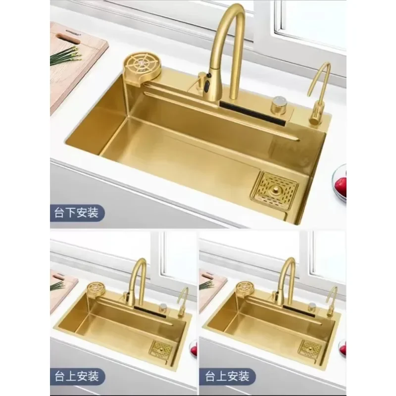 golden waterfall sink faucet handmade kitchen sink golden 304 stainless steel contemporary washbasin 3 years brushed 2023