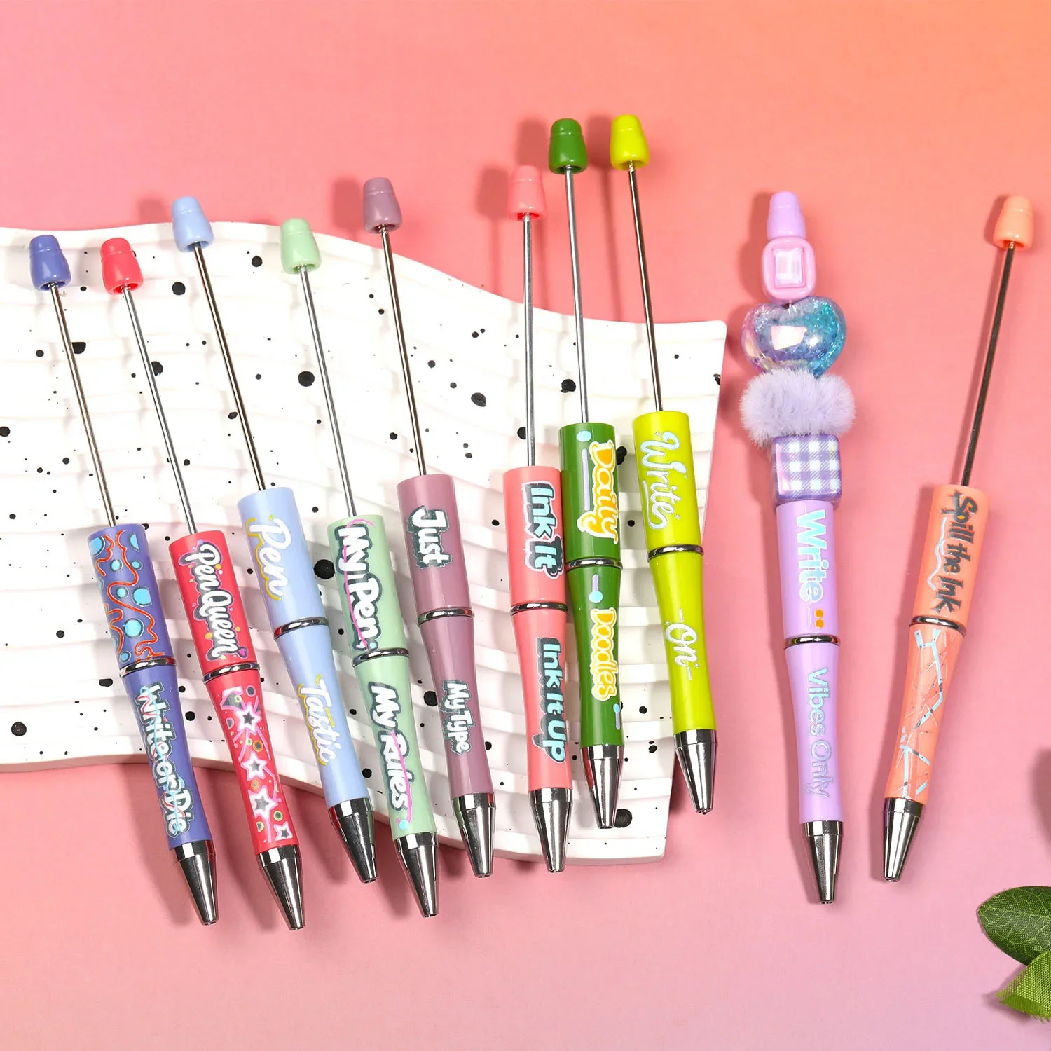 10Pc New Creative Beaded Pen Student Spinning Beadable Ballpoint Pen Acrylic Bead Letter Gift School Tiktok Product Supplies