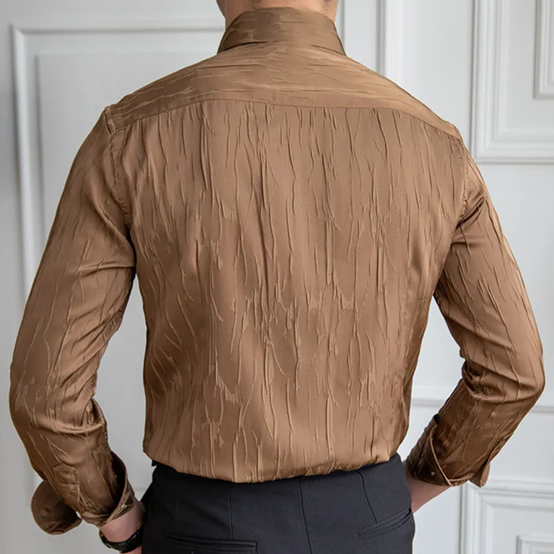 2023 Solid Color Simple Long Sleeve Shirt Pleated Slim No Iron Shirt Men Camisa Hombre Shirt Fashion Business Formal Dress Shirt