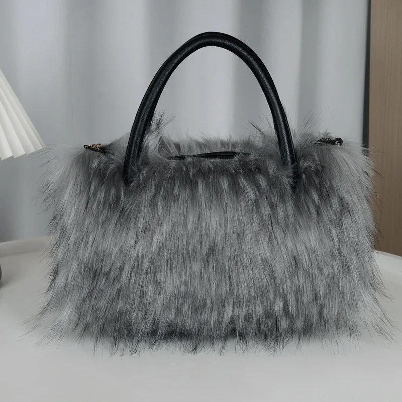 

Winter Soft and Fluffy Women's Faux Fur Handbag High Quality Large Capacity Plush Tote Bag Patchwork Leather Shopper Purses