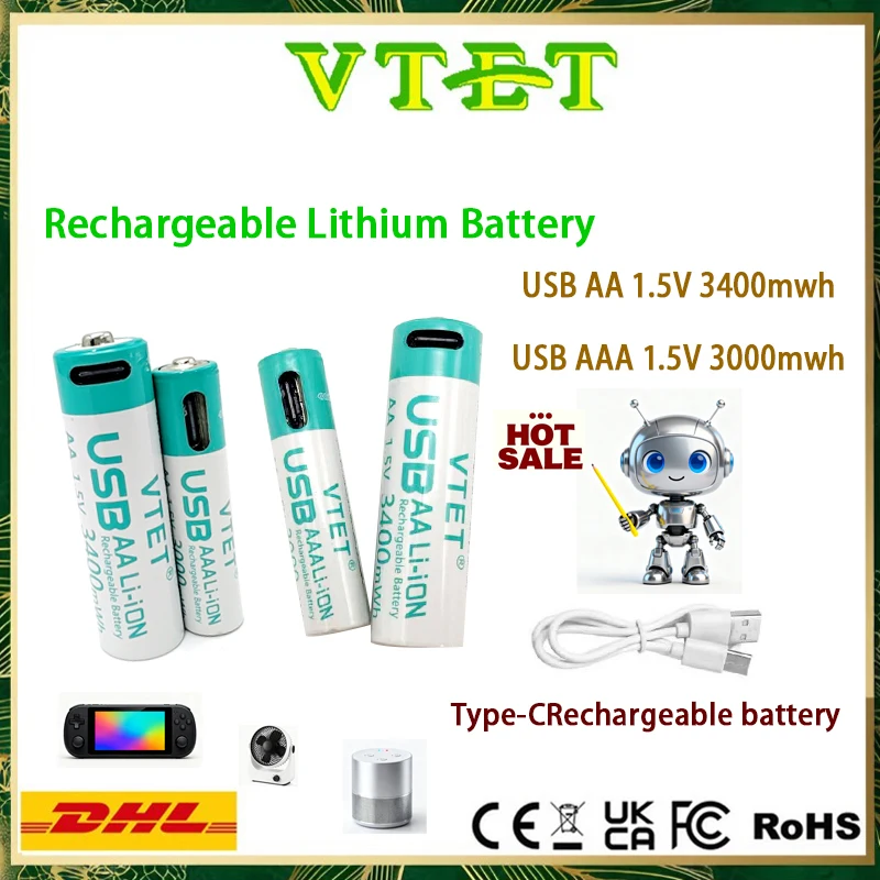 

USB Lithium Battery 1.5V Rechargeable Battery, Type-C Charging Interface, Suitable for Devices Such As Microphones and Cameras