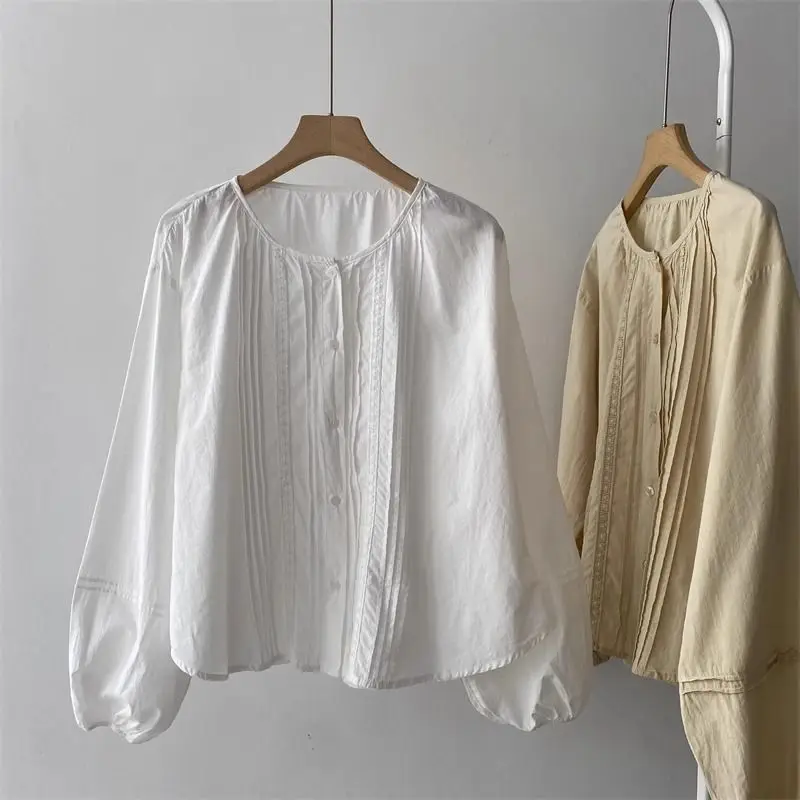 

Весенне-осенняя вышитая сложенная кружевная хлопковая рубашка для женщин, ленивая свободная рубашка-фонарики с длинными рукавами, топ