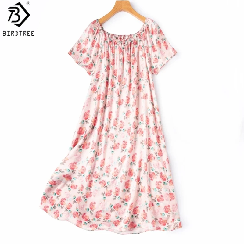 birdtree-19mm-100-silk-sleep-nightgown-women-plain-satin-soft-pajama-homewear-dresses-short-sleeve-2026-summer-new-d65714jf