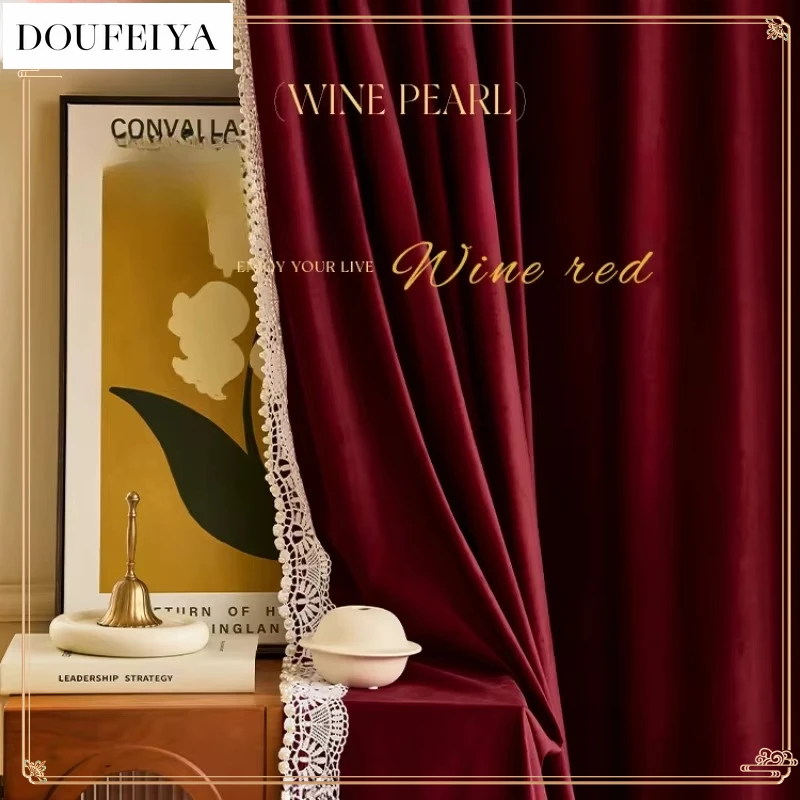 

Curtains for Living Room Dining Bedroom Burgundy Velvet Vintage Light Luxury Pearl Lace Palace Grace Artistic Sense Custom Size