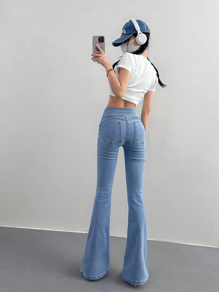 

Американские джинсы с высокой талией и широкими штанинами, женские весенне-летние утягивающие джинсовые брюки с подтяжкой ягодиц, персиковые джинсовые брюки