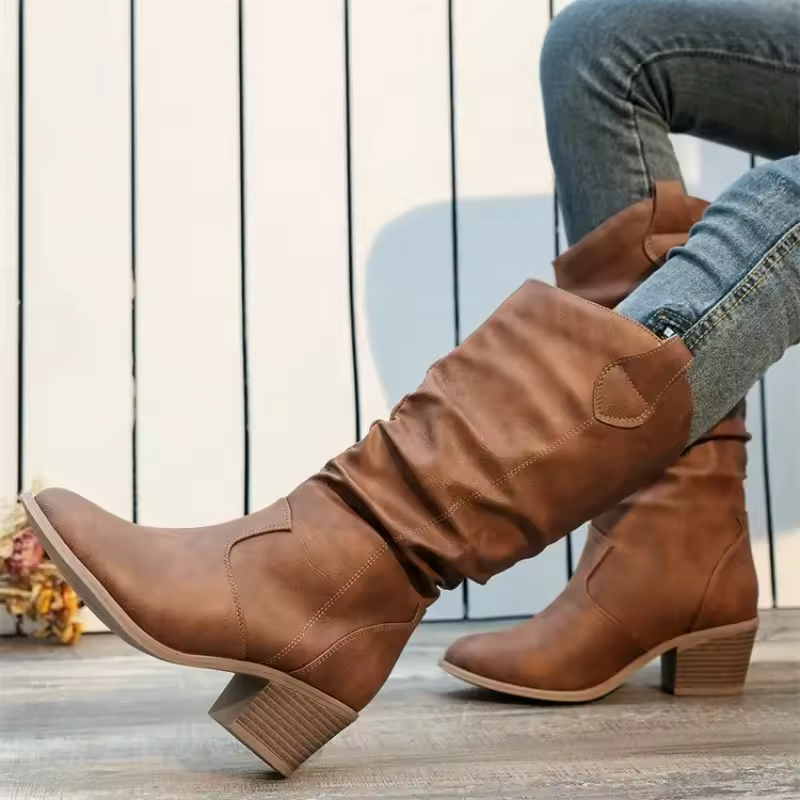 2024 New Autumn Winter Shoes for Women Slip-on Fashion Women Boots Sewing Daily Round Toe Square Heel Boots Women Botas De Mujer
