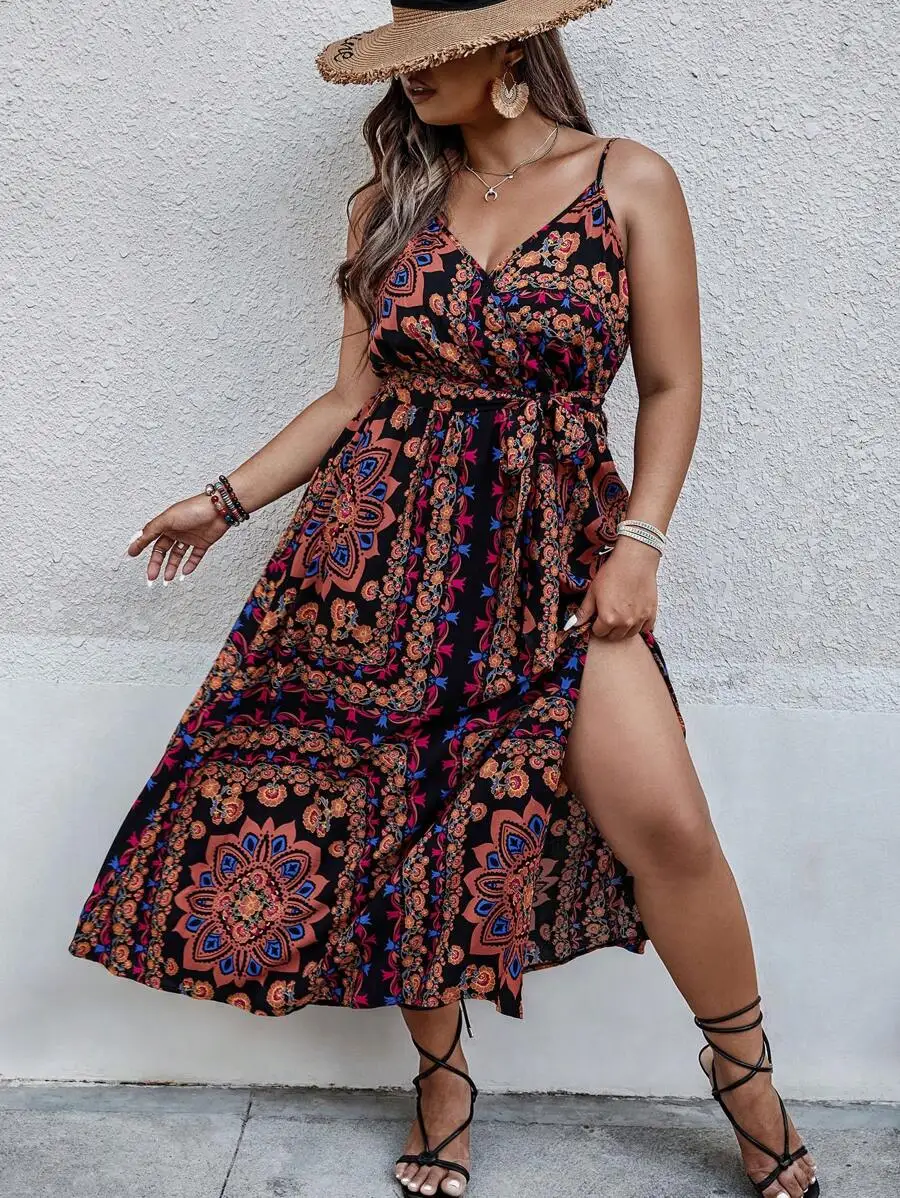 

Floral Print Belted Cami Boho Maxi Dress For Women Summer