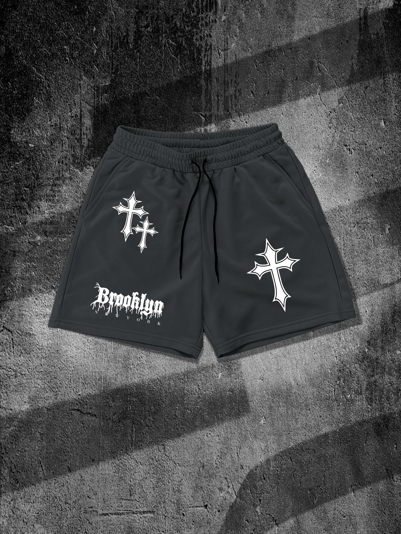Men's Brooklyn Cross Graphic Oversized Shorts, Gothic Streetwear Drawstring Shorts, Polyester Casual Gym Shorts for Men