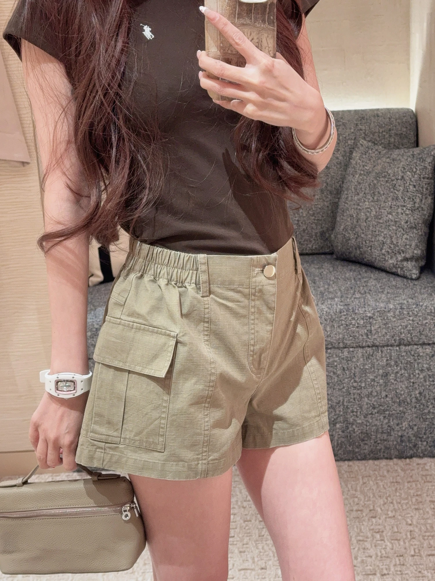 

Женские повседневные свободные шорты-карго Zhao Chenchen, летние, 2026, новый американский стиль, с карманами, хлопковые, дышащие, на эластичной резинке