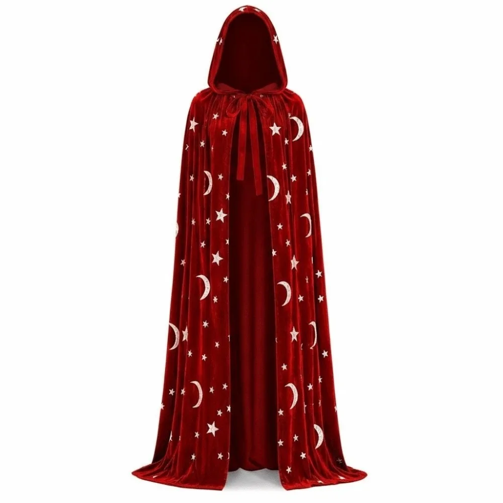 Tie Up Closure Velvet Hooded Cloak Soft Fabric Flowy Drape Gothic Party Apparel Foil Printed Wrinkle Resistant Star Moon Cape