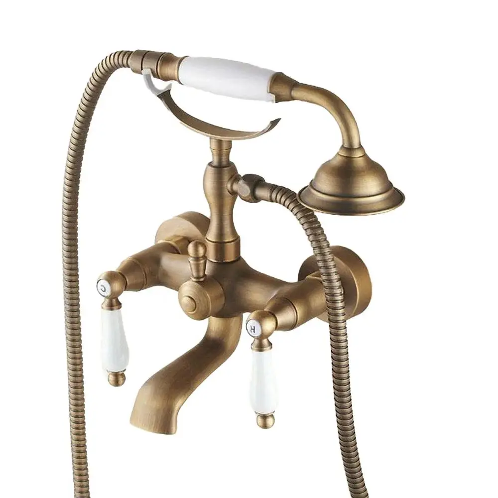 

Vintage Retro Antique Brass Double Ceramic Handles Wall Mounted Claw Foot Bathroom Tub Faucet Mixer Tap With Handshower mtf152