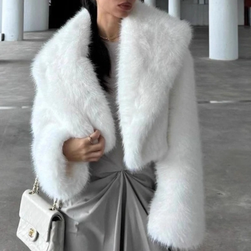 

Faux Fox Fur Coats Women Short Fur Jacket Big Turn Down Collar Long Sleeve Open Stitch Thick Loose Fit Casual 2025 Autumn Winter