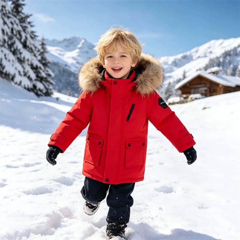 -30° Boys Snow Jackets Children Thickened Warm Parka with Large Fur Collar Kids Down Coats Teenager Hooded Windproof Outerwear