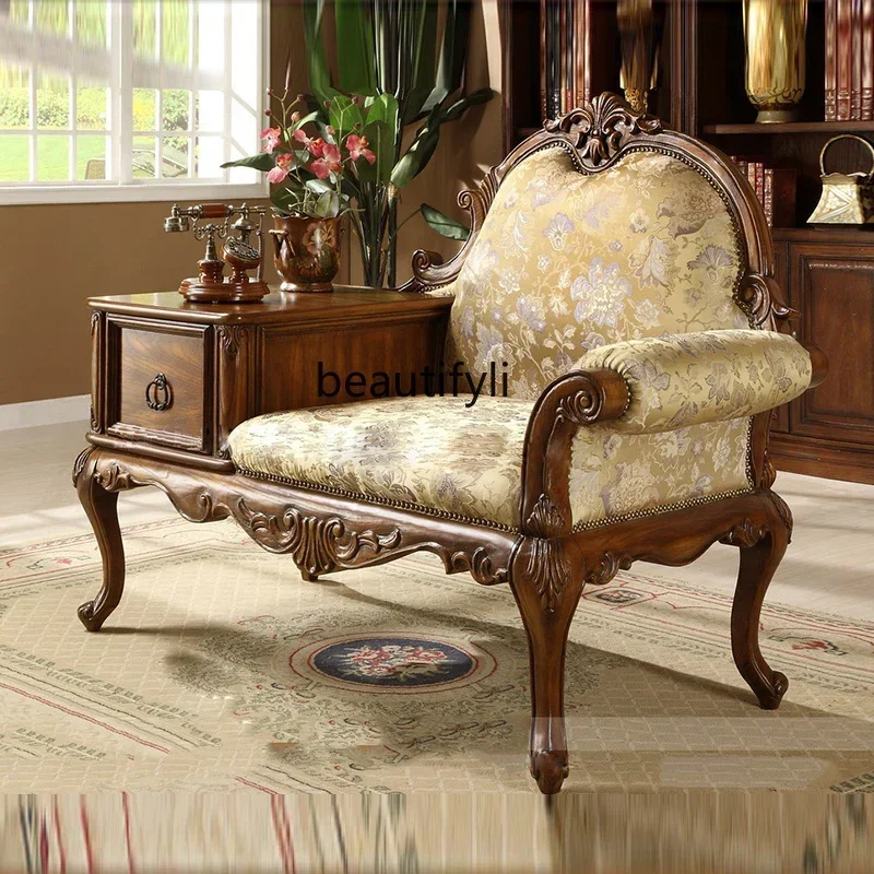 

FEuropean chaise longue American style, furniture solid wood bedroom sofa, fabric leisure, living room phone chairQ