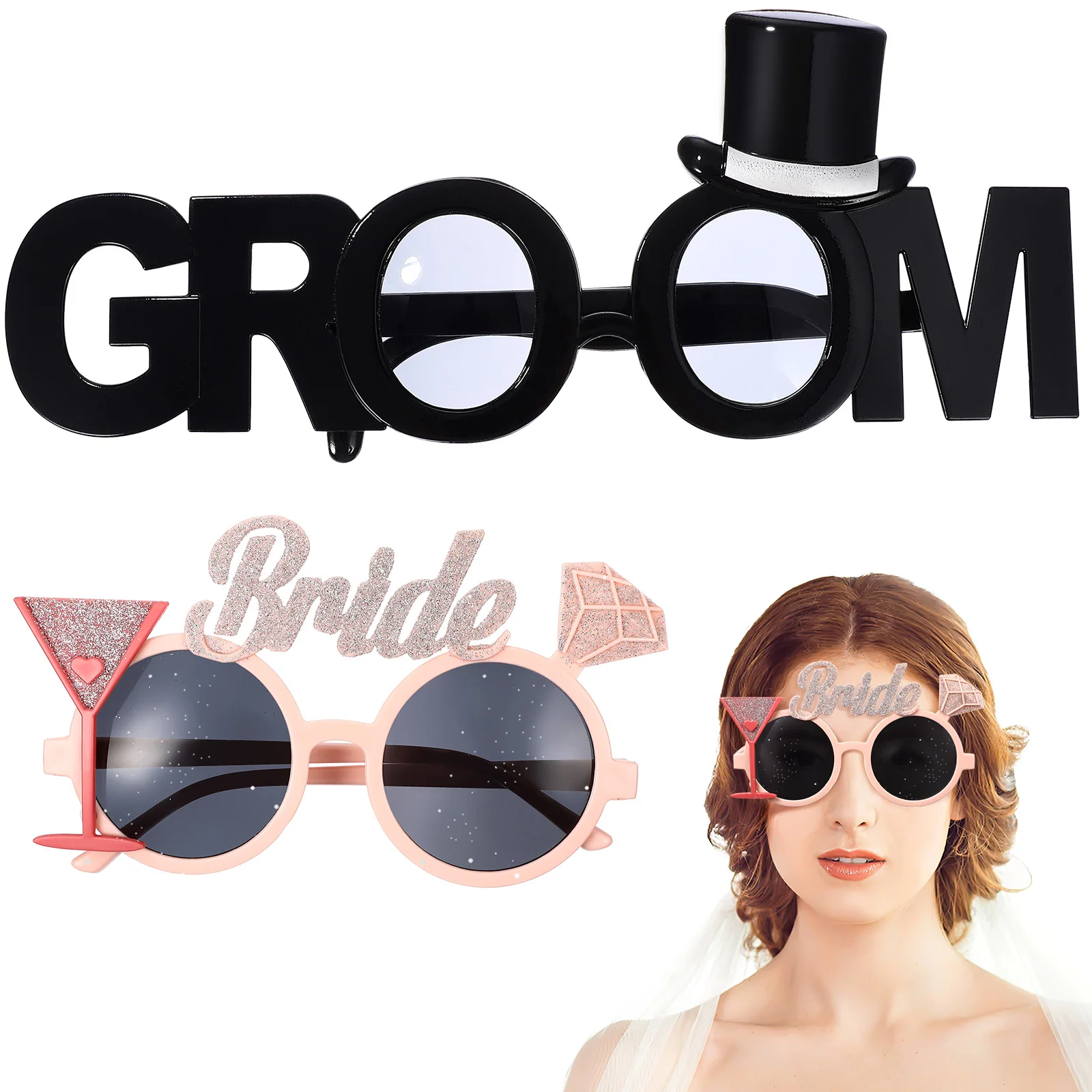 

2 Pcs Bride Groom Glasses frame Wedding Party Eyeglasses Photo Props Plastic Groom Glasses Bride Glasses Bachelor Eyeglasses