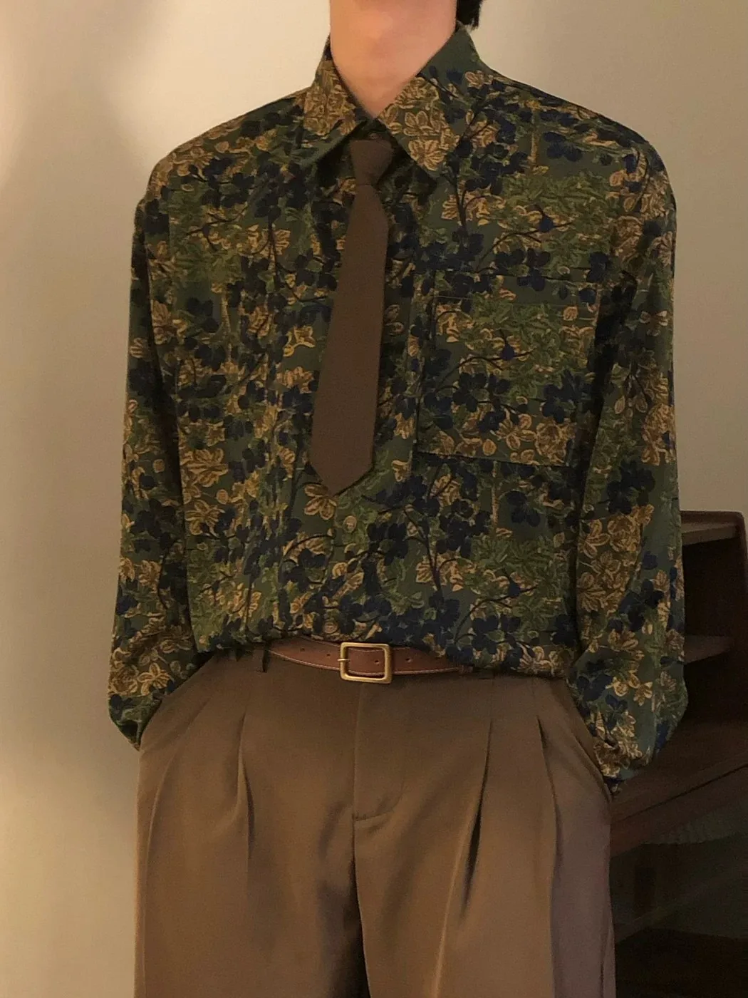 American Retro Floral Print Long Sleeve Men's Shirt Spring Autumn Large Size Stand Collar High End Drapey Shirt Jacket