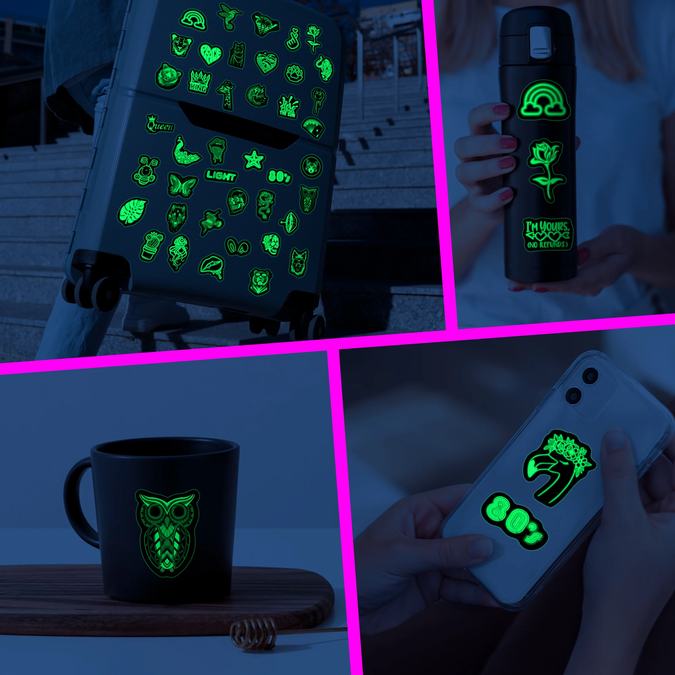 70 adesivi per bottiglie d'acqua al neon che si illuminano al buio per bambini, decalcomanie per laptop colorate e fresche per adulti, skateboard in vinile impermeabile